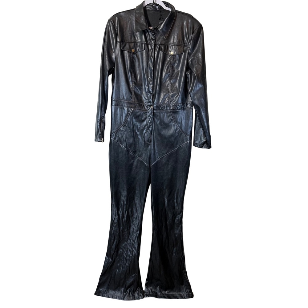 NWT PrettyLittleThing Plus Jumpsuit Womens 16 Black Faux Leather Contrast Stitch